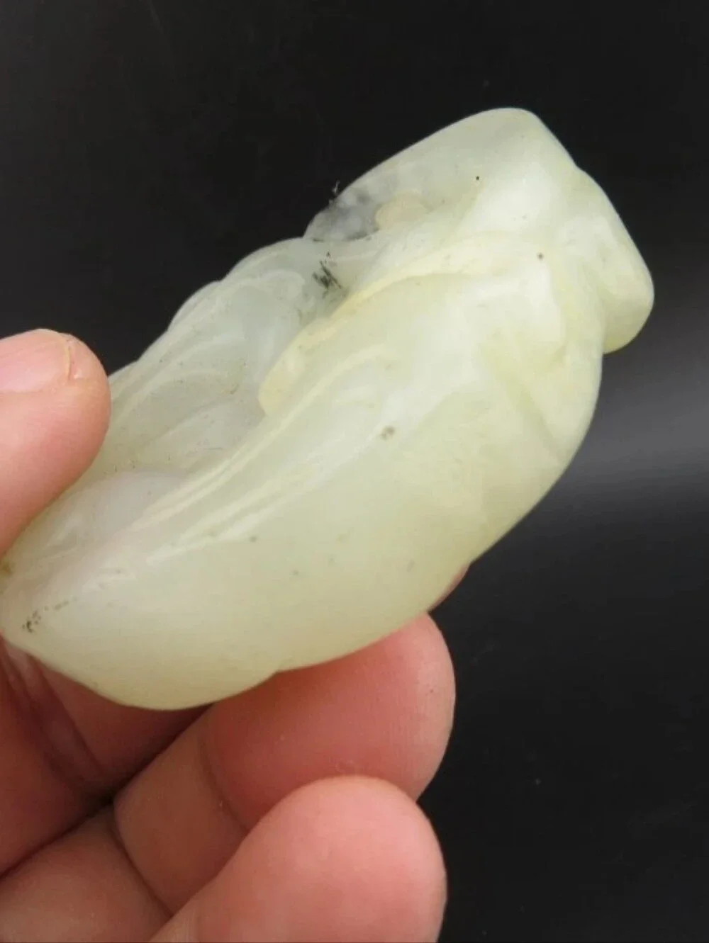Rare Carved White Jade Fairy Pendant with Black Veining